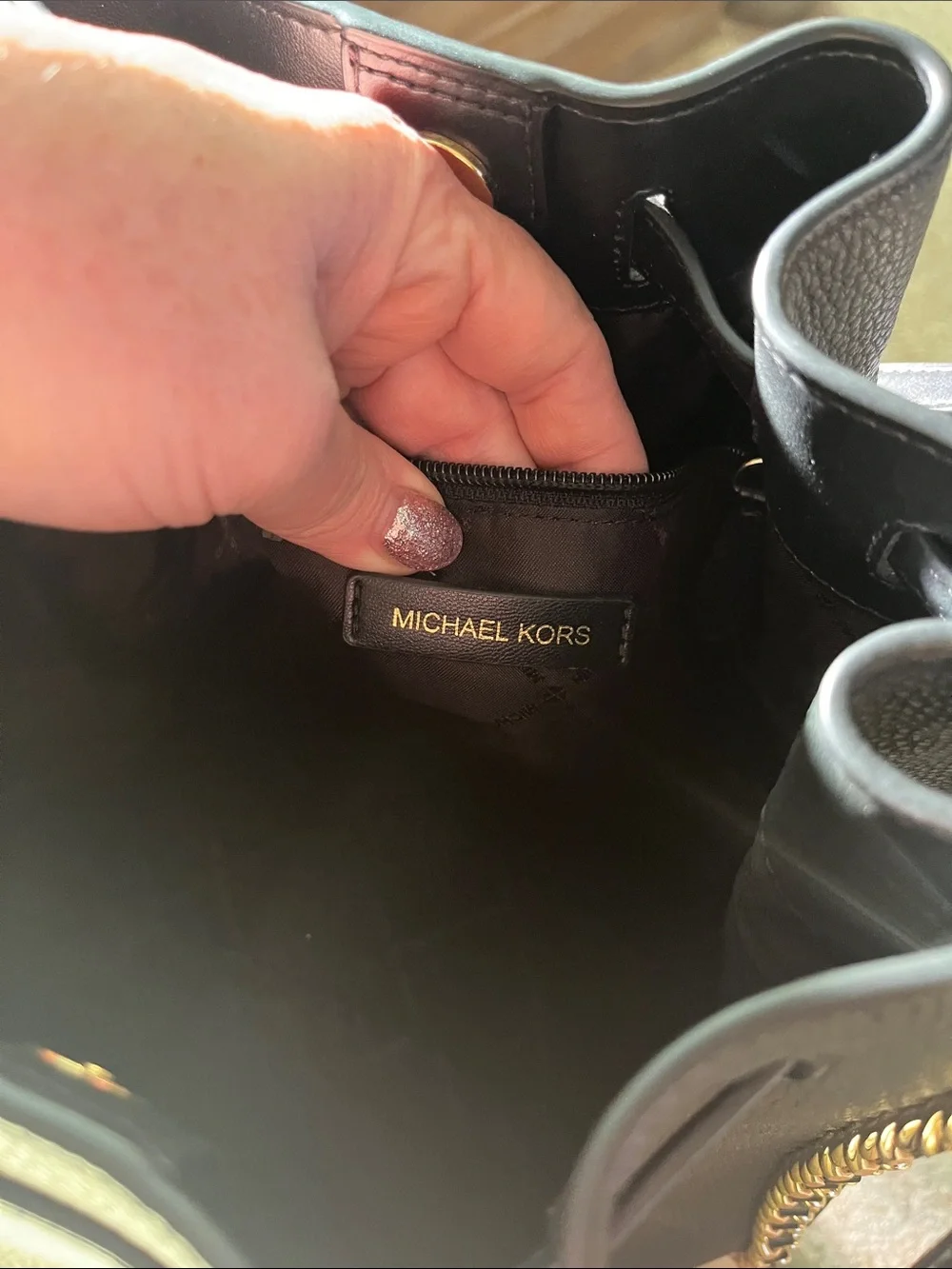 Michael Kors Black Pebbled Leather Bucket Shoulder Bag with Gold Chain Trim